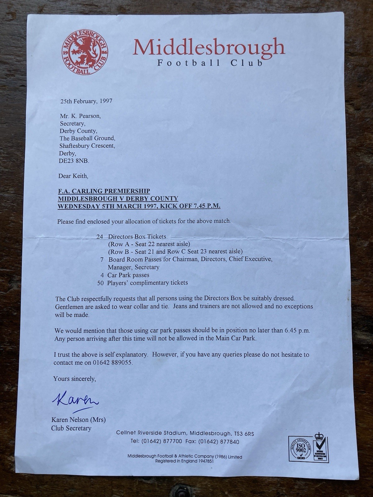 Feb 1997 Middlesbrough To Derby County Letter re Directors Ticket Allocation. for sale on Ebay