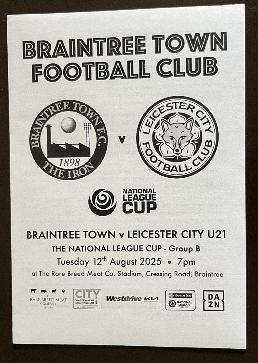 Braintree Town v Leicester City U21 OFFICIAL Programme 12 Aug 2015 for sale on Ebay