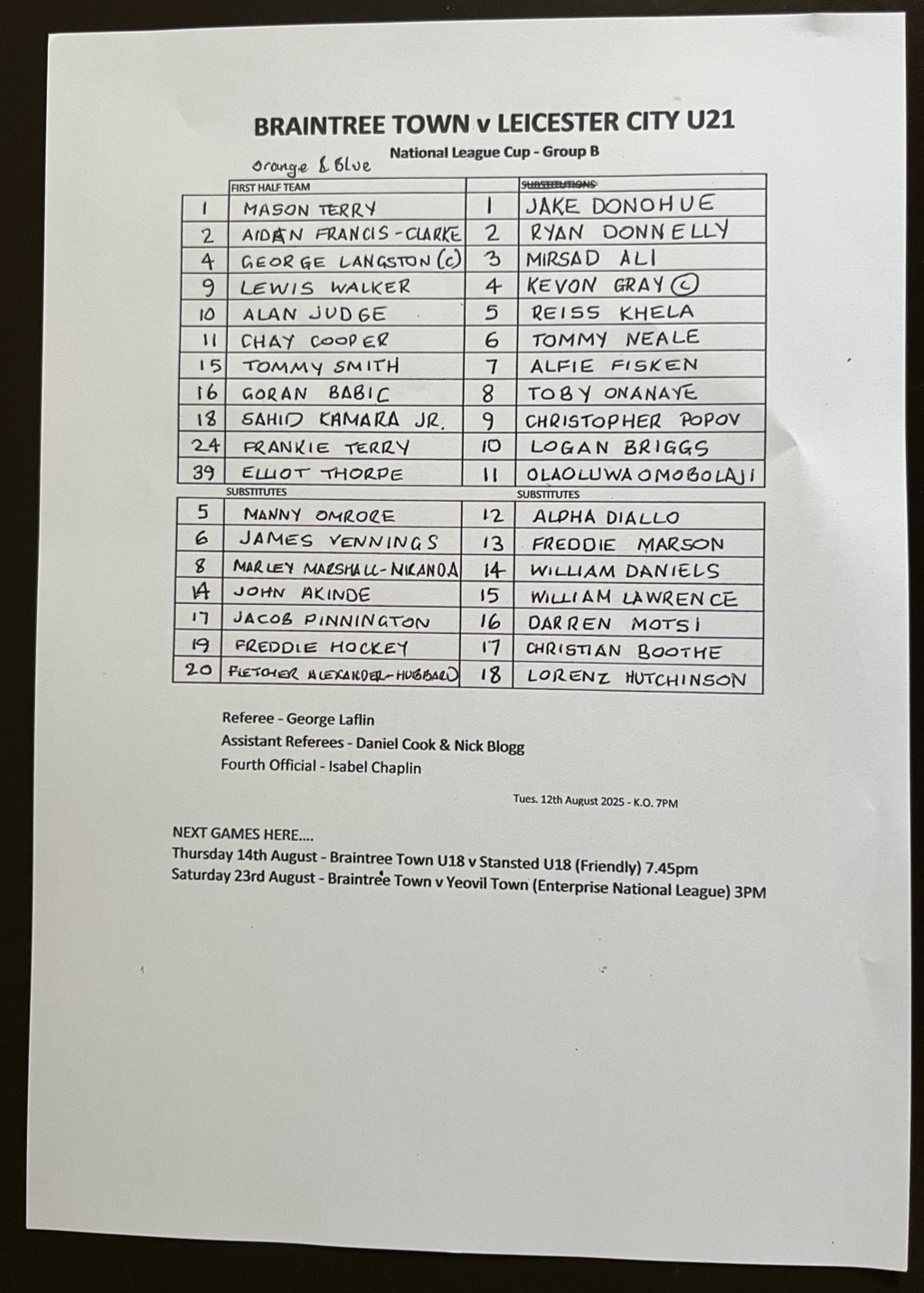 Braintree Town v Leicester City U21 OFFICIAL TEAMSHEET 12 Aug 2015 for sale on Ebay