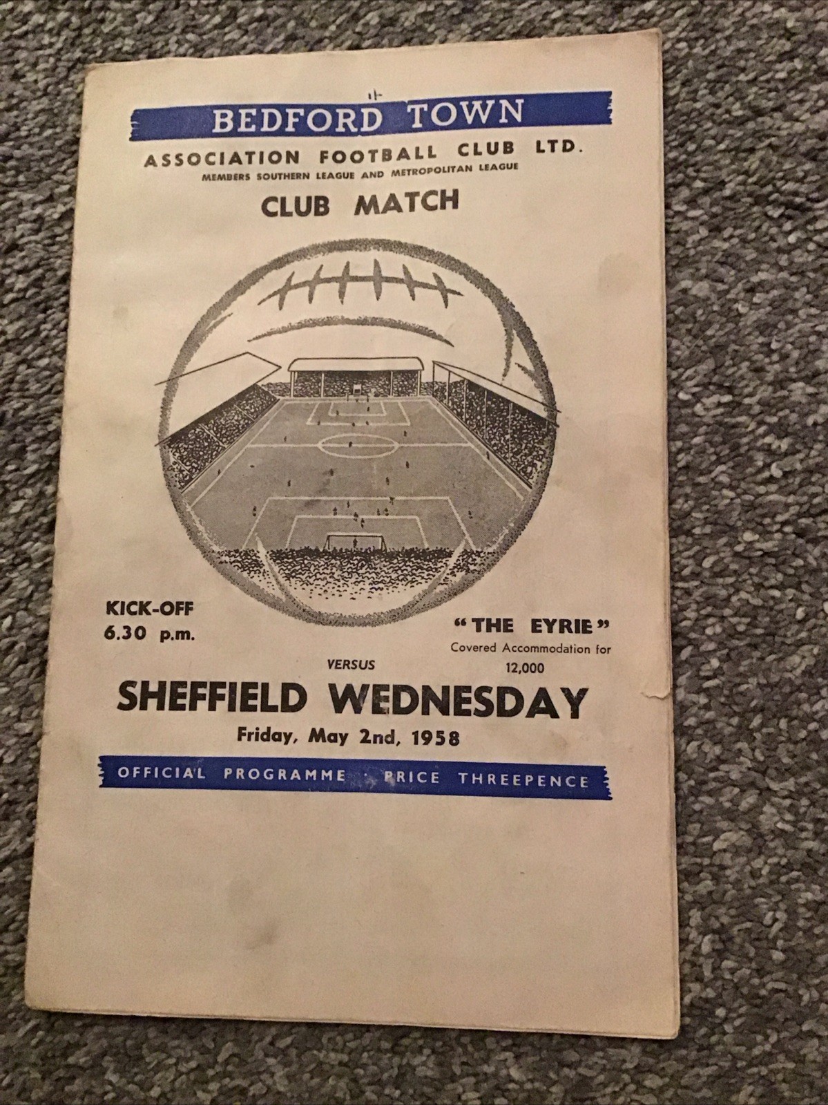 Bedford Town FC V Sheffield Wednesday (friendly) 2 /5/1958 . Rare Programme for sale on Ebay