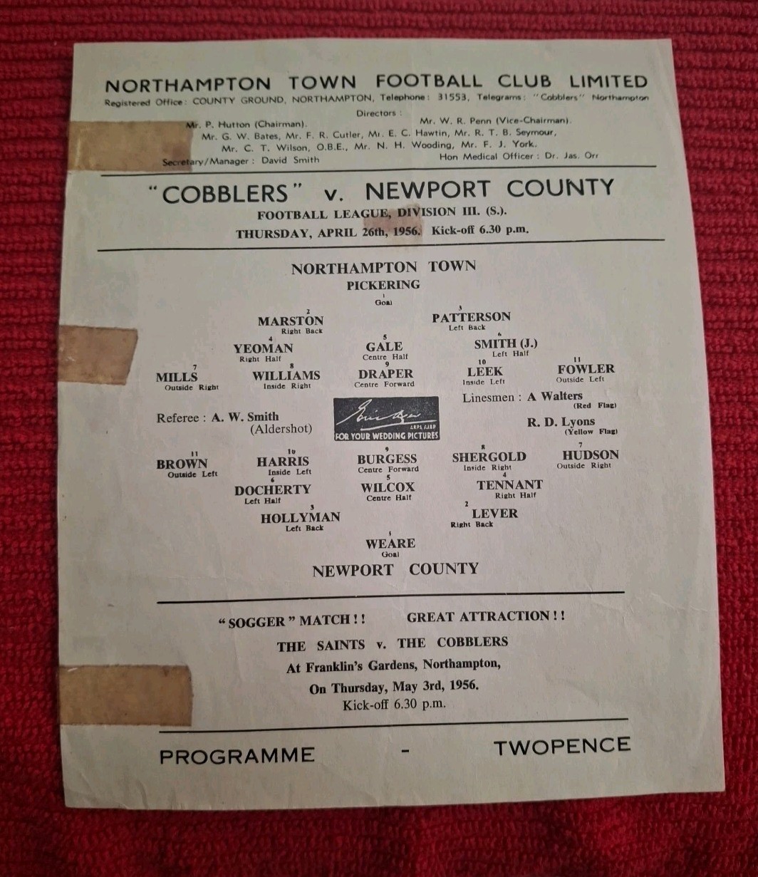 Northampton Town v Newport County programme.  26/4/1956 for sale on Ebay