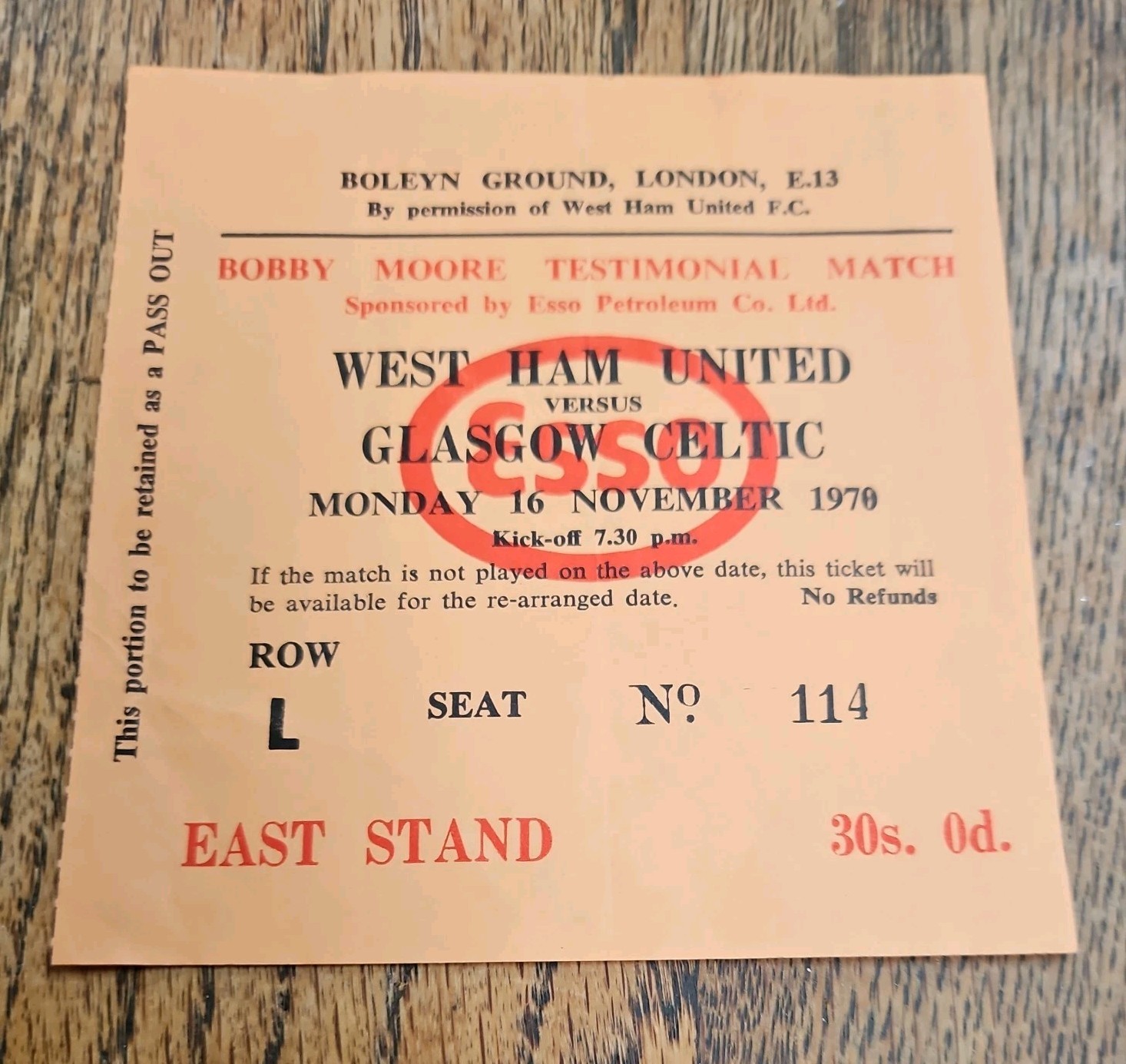 WEST HAM UTD V CELTIC BOBBY MOORE  TESTIMONAL TICKET  1970/71 for sale on Ebay