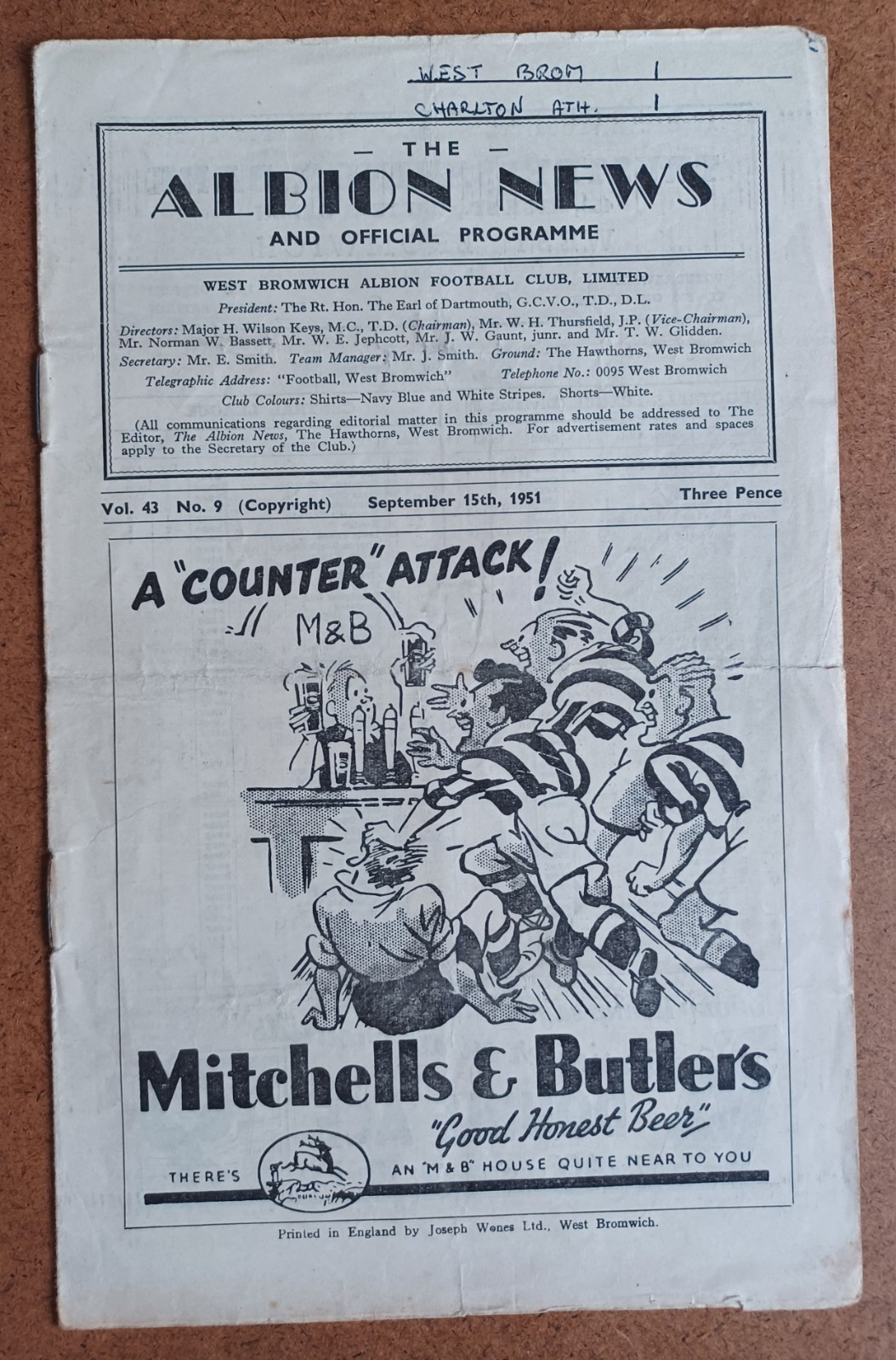 1951/52  WEST BROMWICH ALBION v CHARLTON ATHLETIC  DIVISION 1  15/09/1951 for sale on Ebay