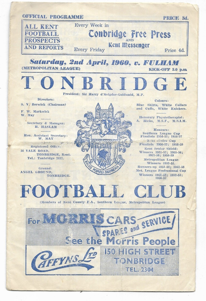 1959/60 Metropolitan League - TONBRIDGE v. FULHAM 'A' for sale on Ebay