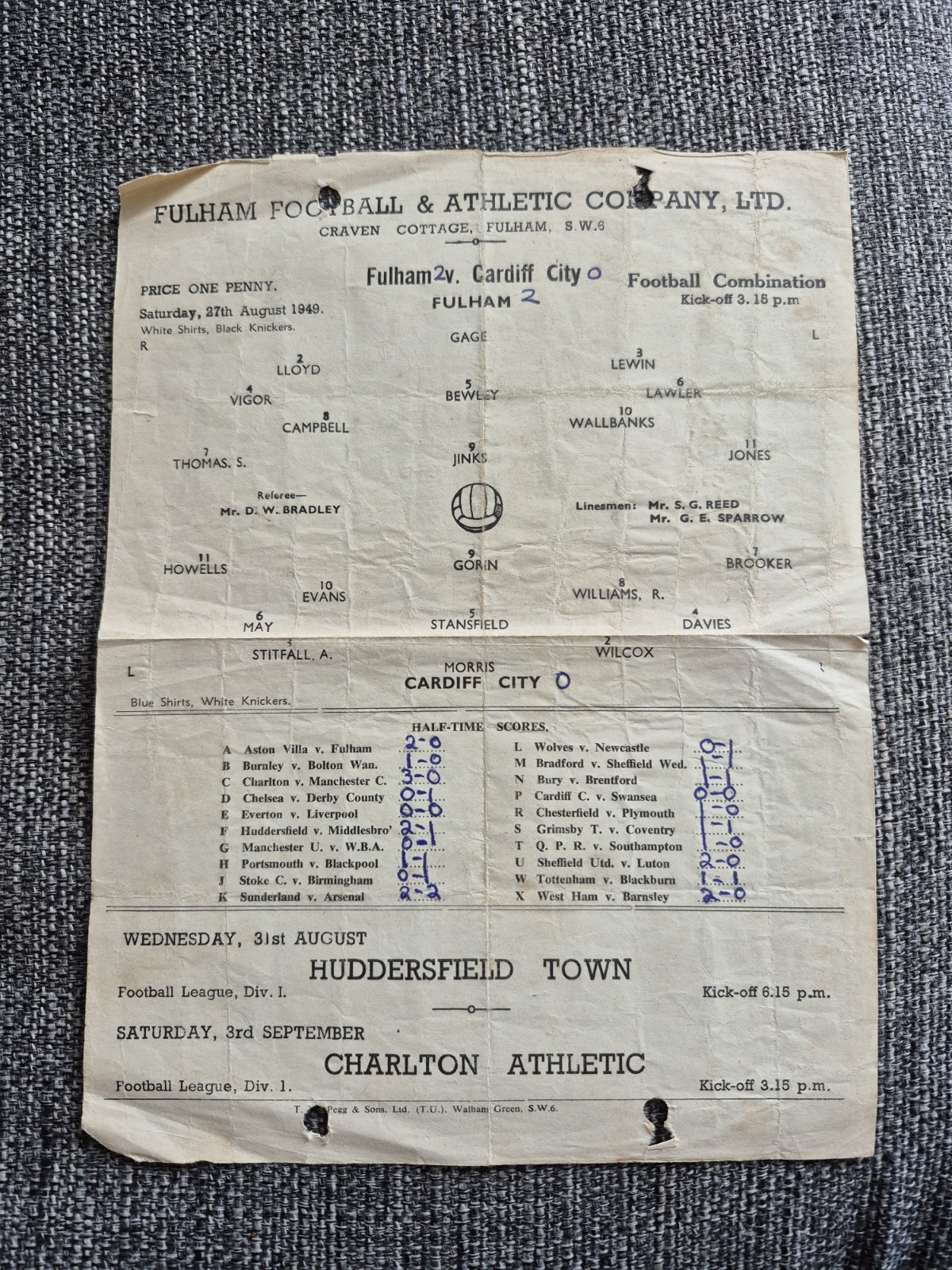 1949/50 Fulham Reserves v. Cardiff City Reserves for sale on Ebay