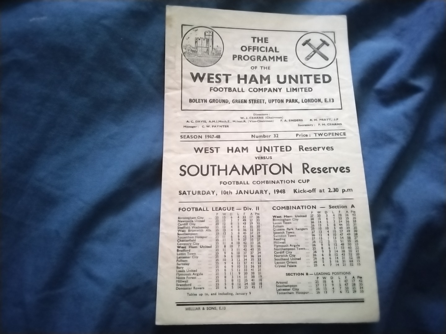 WEST HAM  RESERVES  v SOUTHAMPTON  - 10/1/48 = COMBINATION  CUP  =  ERNIE TAYLOR for sale on Ebay