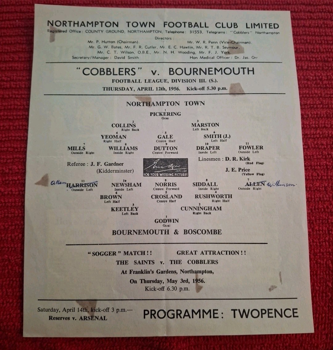 Northampton Town v Bournemouth & Boscombe programme.  12/4/1956 for sale on Ebay