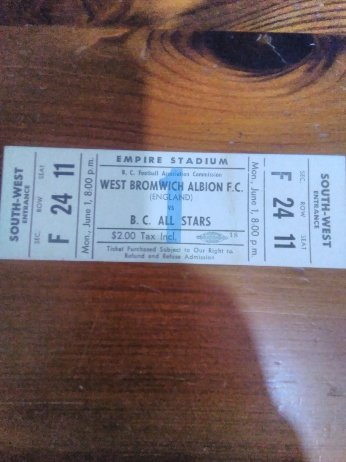 West Bromwich Albion v B C All Stars Ticket at The Empire Stadium 1959 for sale on Ebay