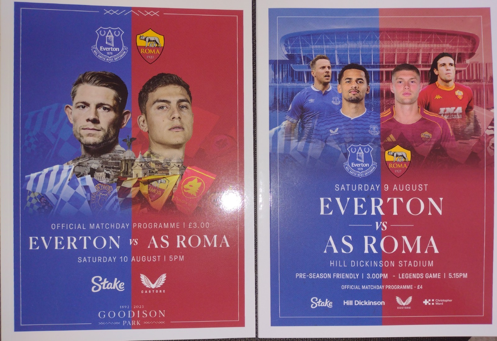 Everton V Roma X2 (Last Ever Friendly @ Goodison) & (1st Ever At Hill Dickinson) for sale on Ebay