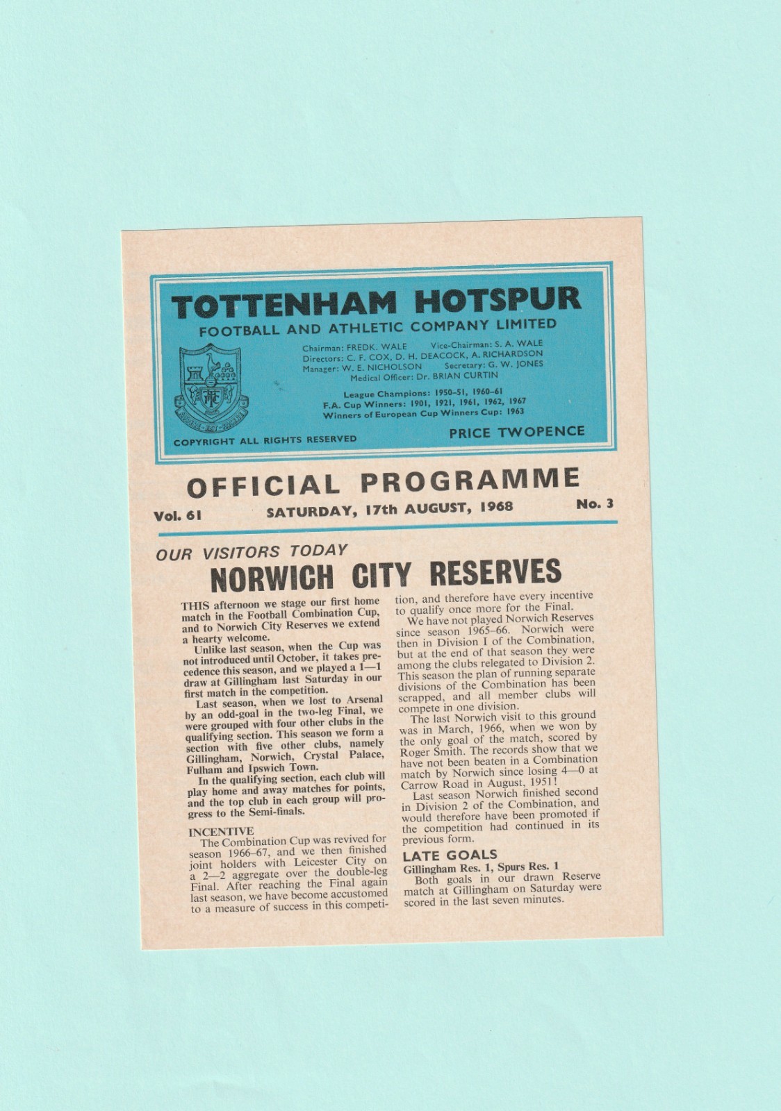 1968-1969 FOOTBALL COMBINATION CUP : TOTTENHAM / SPURS v NORWICH CITY RESERVES for sale on Ebay