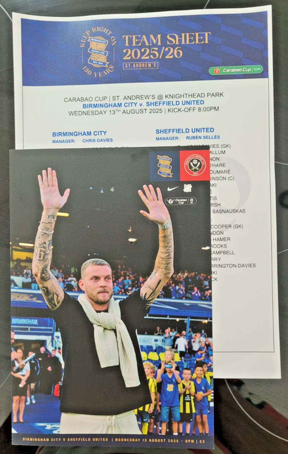13.8.2025 BIRMINGHAM CITY v SHEFFIELD UNITED, Carbao Cup + Official Teamsheet! for sale on Ebay
