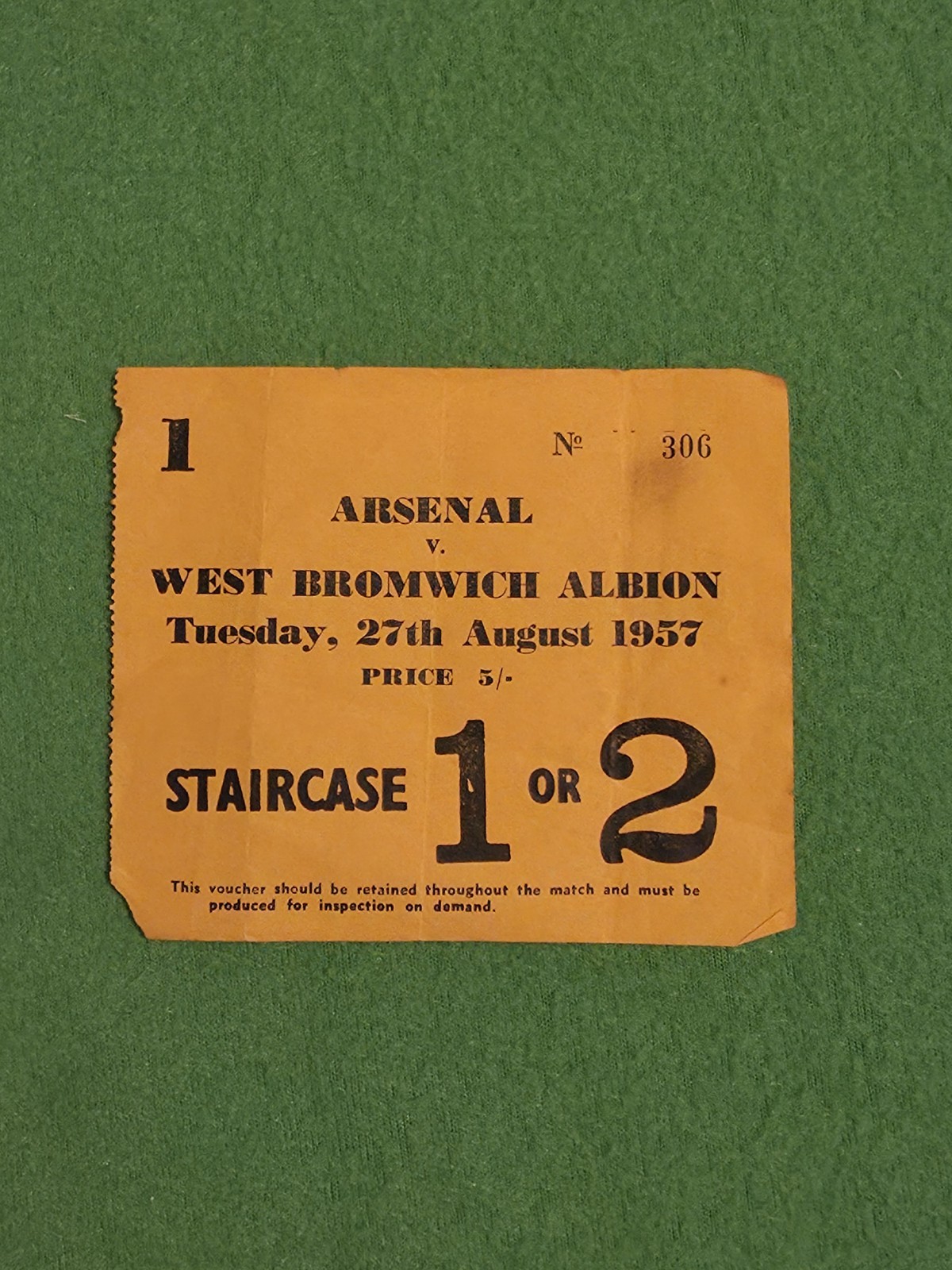 Original Arsenal v West Bromwich Albion Tuesday 27/8/1957 Match Ticket Stub  for sale on Ebay