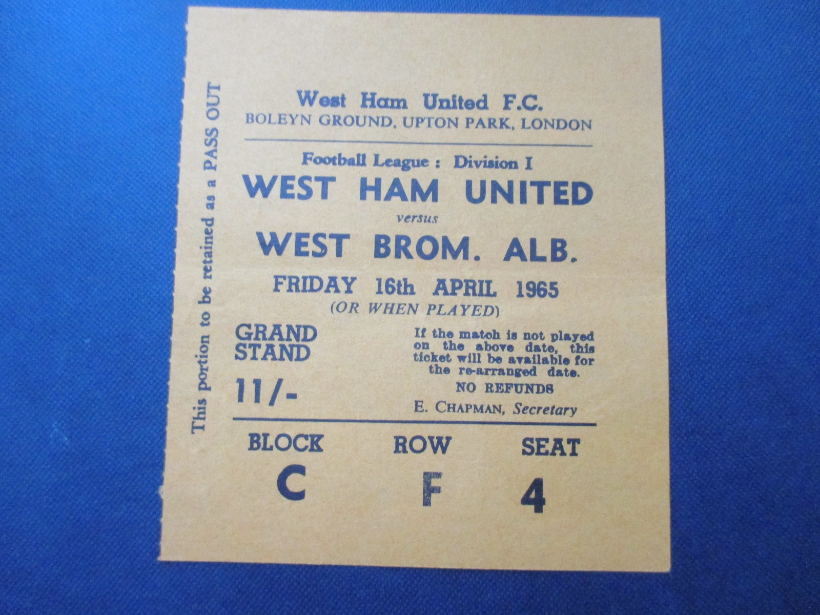 West Ham United v West Bromwich Albion 1965 Division One used ticket stub vgc for sale on Ebay
