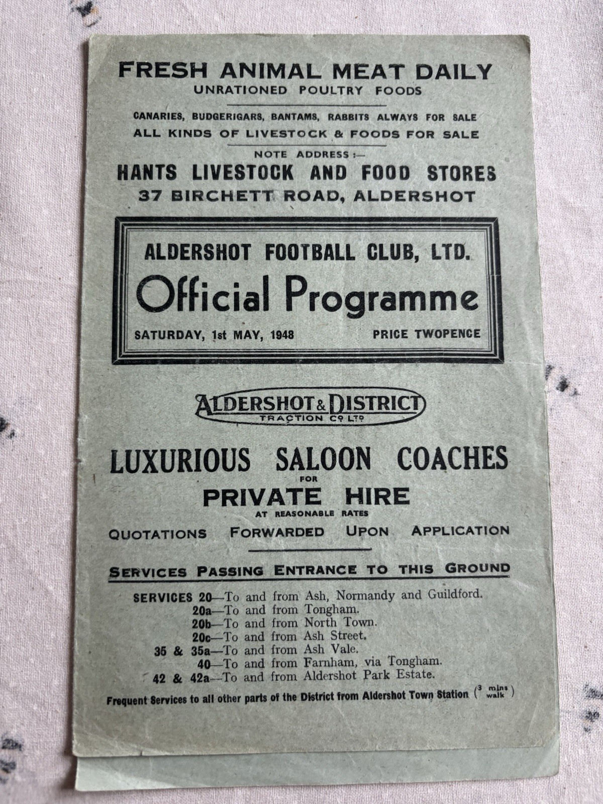 Aldershot Reserves V Watford Reserves 1947/48 for sale on Ebay