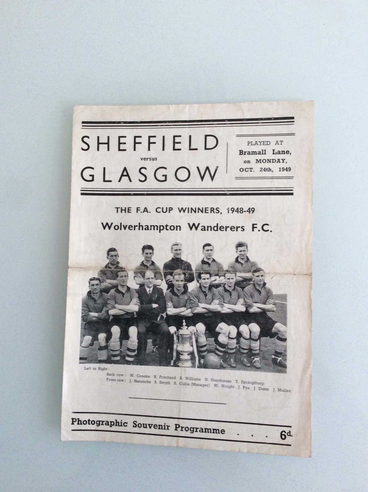 SHEFFIELD V GLASGOW 24.10.1949 FRIENDLY GAME PLAYED AT SHEFFIELD UNITED PIRATE for sale on Ebay