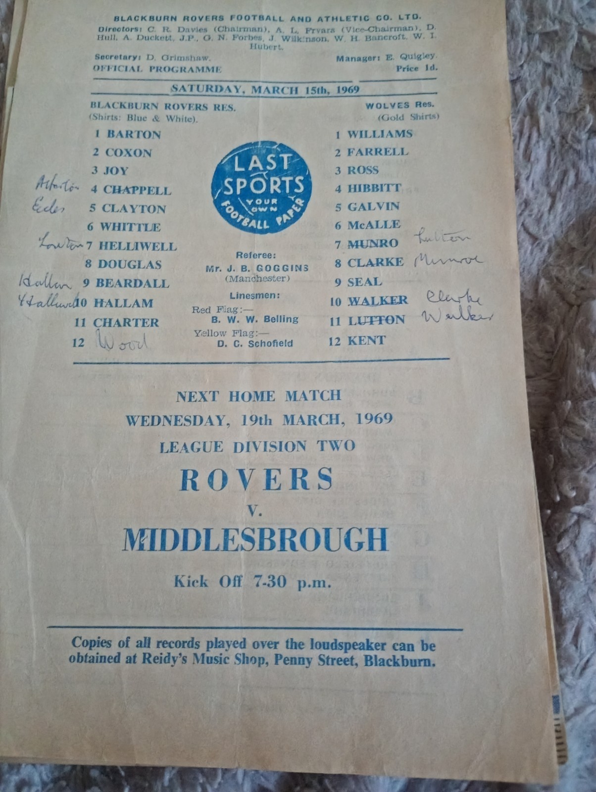 1968/9 Blackburn Rovers Res V Wolverhampton Wanderers Football Programme for sale on Ebay