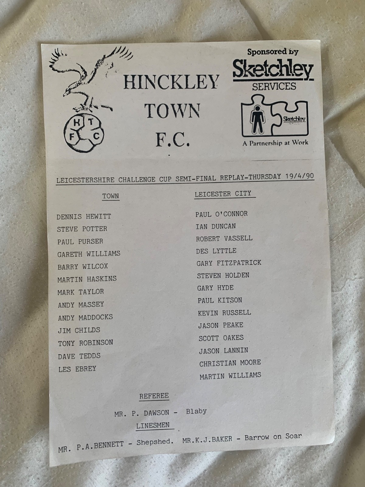 Hinckley Town v Leicester City (Leicestershire Challenge Cup) 1990 for sale on Ebay