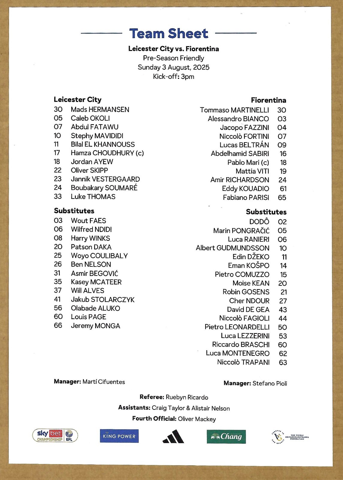 LEICESTER CITY v FIORENTINA 03.08.25 PRE-SEASON FRIENDLY TEAM SHEET for sale on Ebay