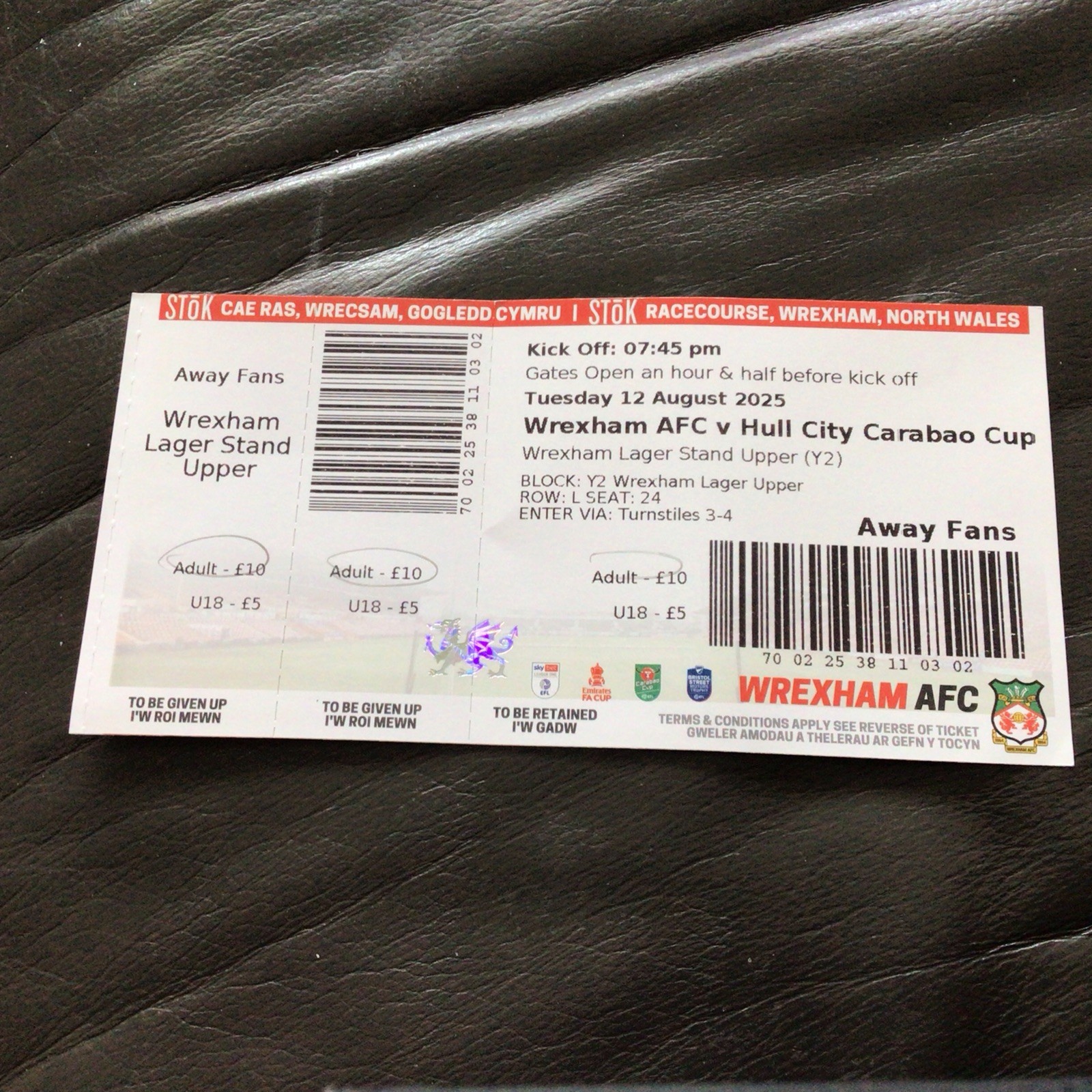 Wrexham v Hull city Carabao cup  12/8/2025 used ticket stub for sale on Ebay