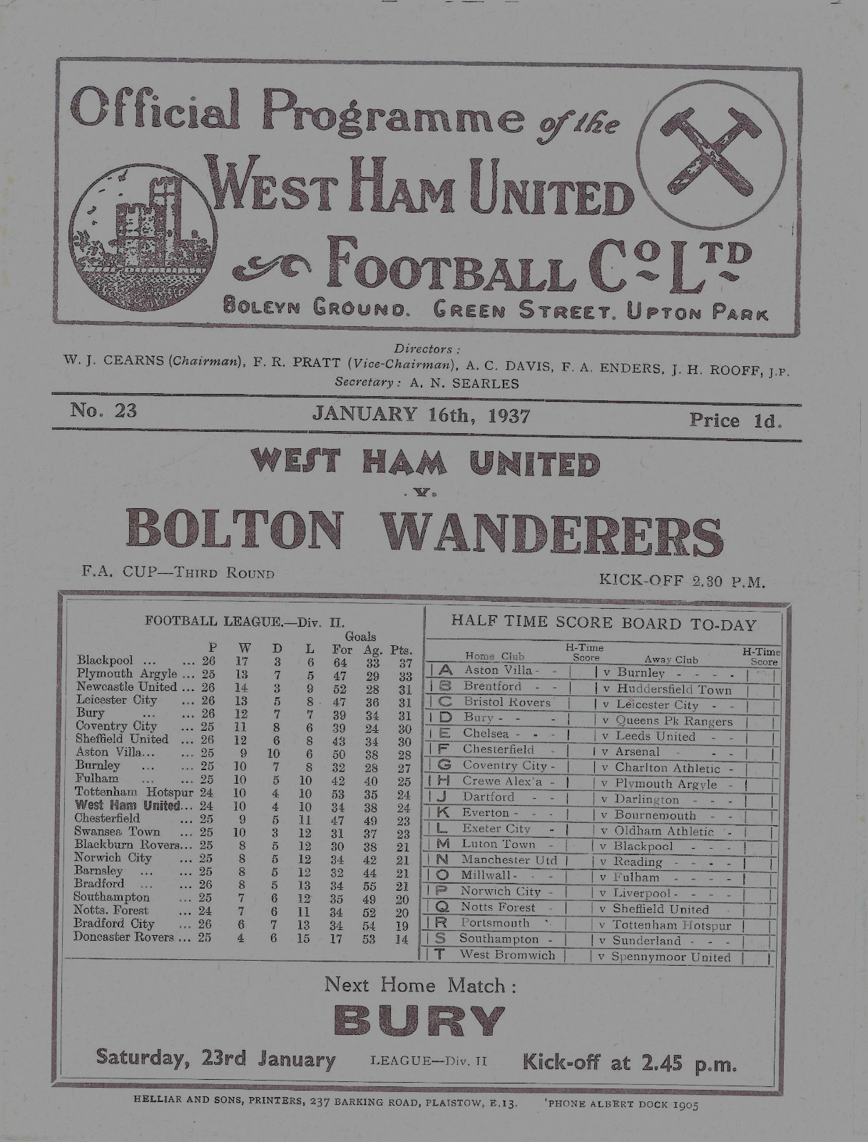 WEST HAM UNITED V BOLTON WANDERERS ~ FA CUP 3RD ROUND ~ 16 JANUARY 1937 for sale on Ebay