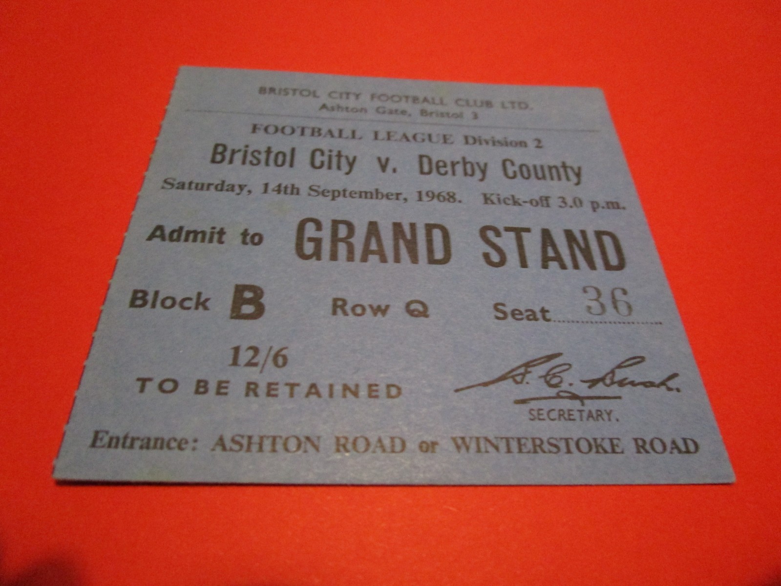 MATCH TICKET STUB :  BRISTOL CITY  v  DERBY COUNTY   1968/9   SEPTEMBER 14th for sale on Ebay