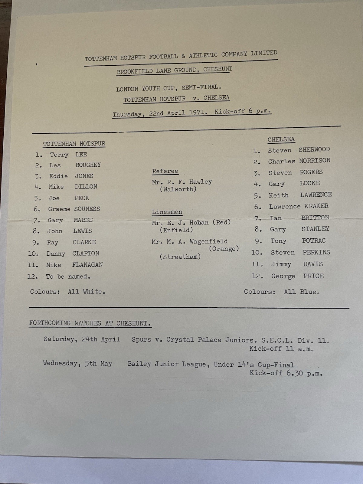 Tottenham Youth v Chelsea Youth, London Youth Cup, Semi-Final, 1970/71 for sale on Ebay