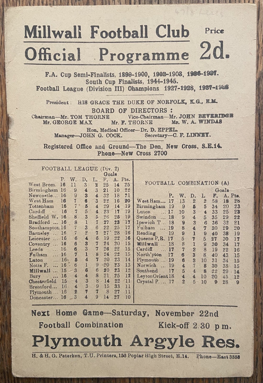 1946 MILLWALL v LEICESTER CITY. Football League Div 2. Rare. Very good. for sale on Ebay