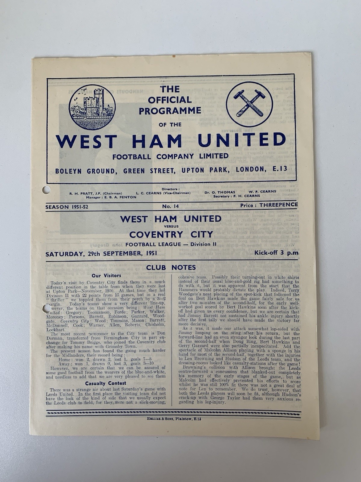 West Ham United v Coventry City 1951-52 League Division Two 29th September 1951. for sale on Ebay
