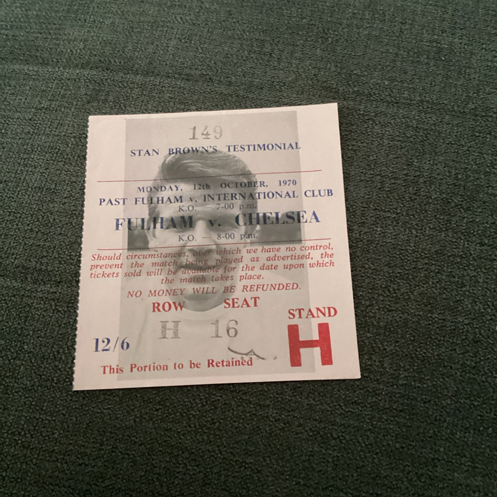 1970/71 Fulham v Chelsea. Stan Browns testimonial match ticket  for sale on Ebay