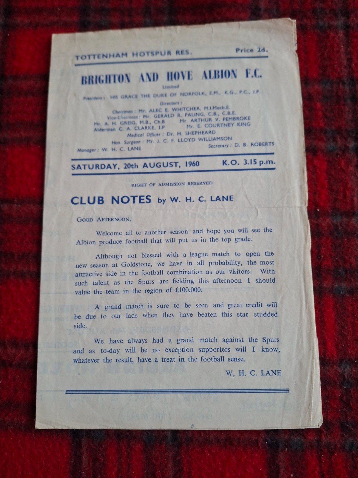 BRIGHTON & HOVE ALBION RESERVES V TOTTENHAM RESERVES 1960-61 DOUBLE SEASON for sale on Ebay