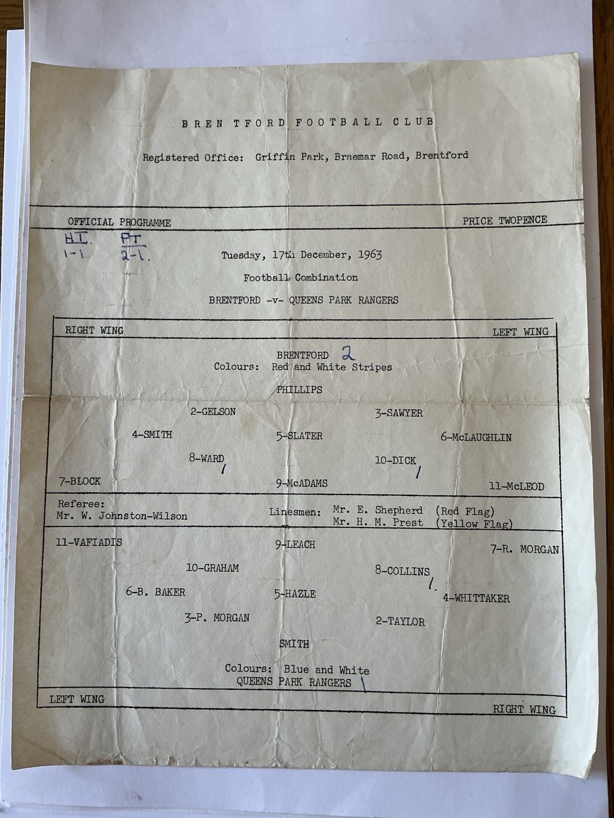 BRENTFORD Res v QUEENS PARK RANGERS Res 1963/4. for sale on Ebay