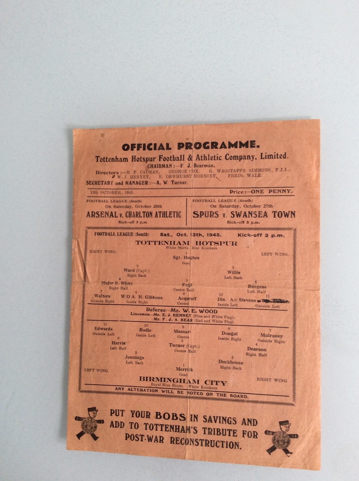 TOTTENHAM HOTSPUR V BIRMINGHAM CITY 13.10.1945 LEAGUE GAME ONE PAGER for sale on Ebay