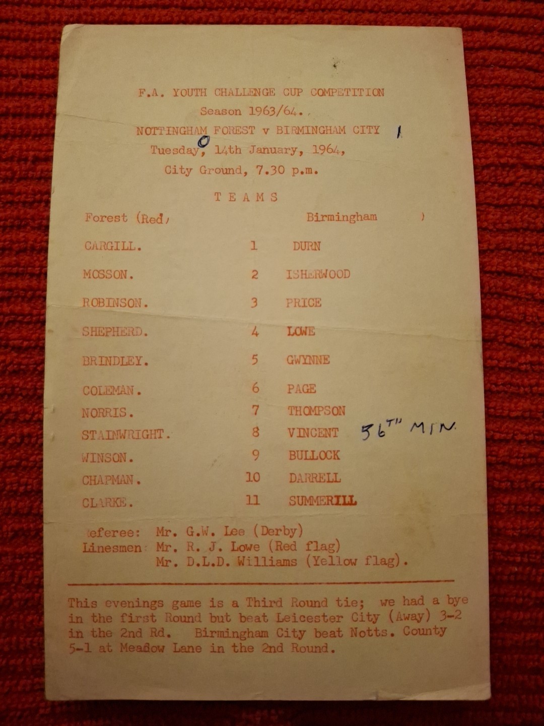 Nottingham Forest v Birmingham City Youth programme.  14/1/1964 for sale on Ebay