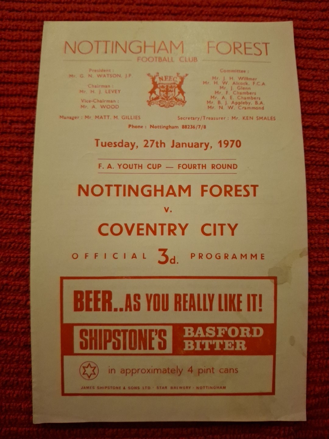 Nottingham Forest v Coventry City Youth programme.  27/1/1970 for sale on Ebay