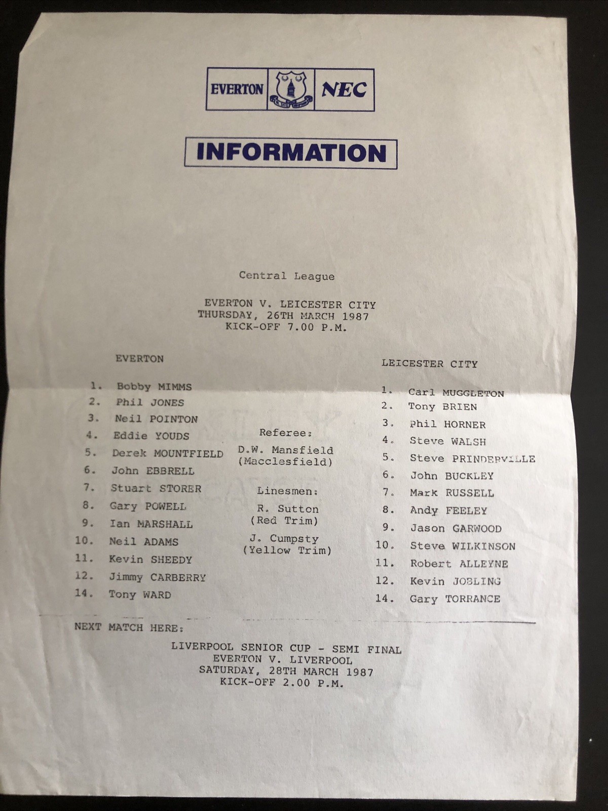 Team sheet Everton Reserves v Leicester City Reserves Central League 26 Mar 1987 for sale on Ebay