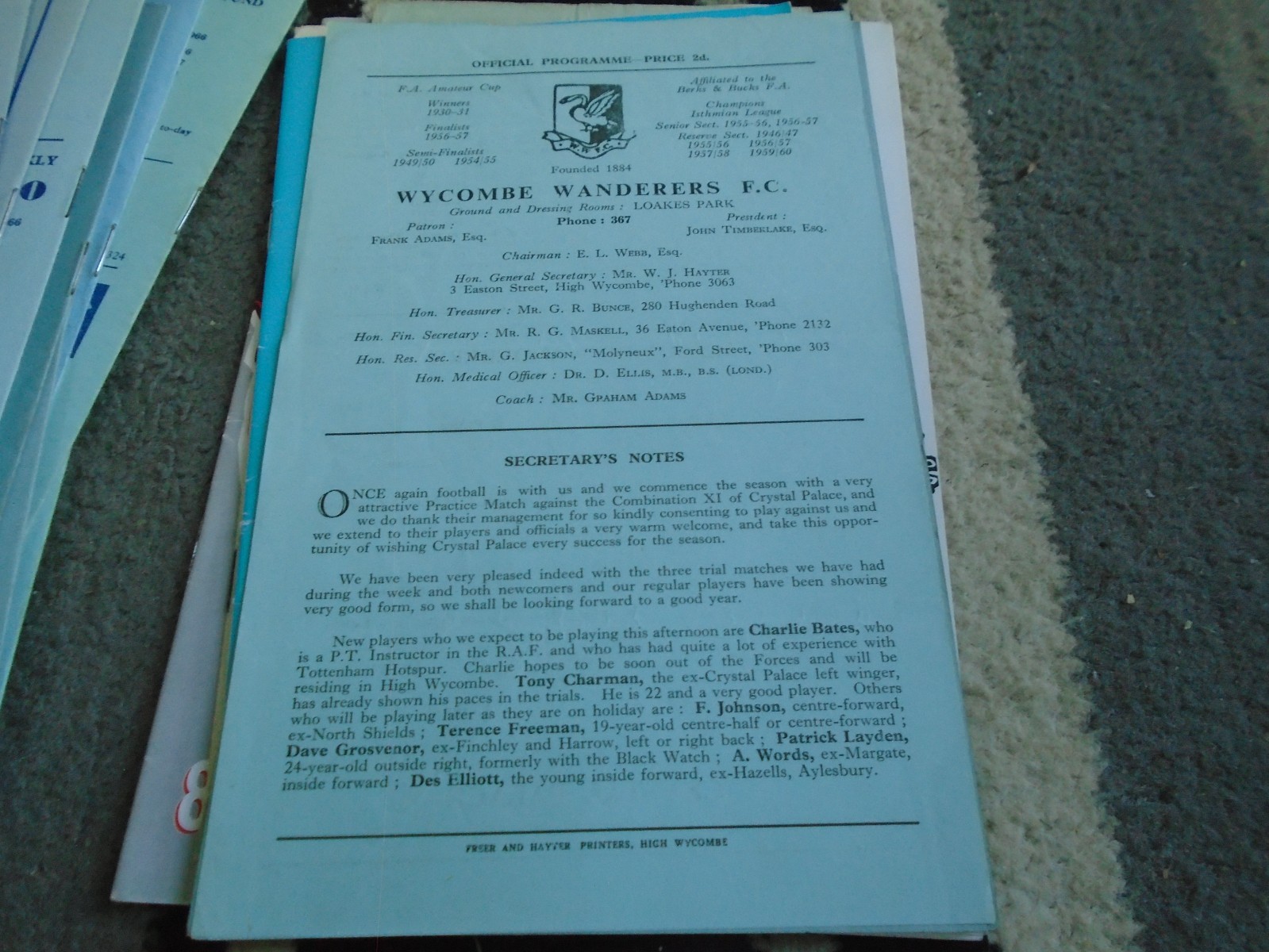 WYCOMBE WANDERERS V CRYSTAL PALACE 1962 FRIENDLY SINGLE SHEET ISSUE for sale on Ebay