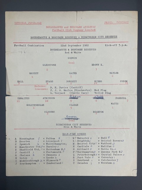1962/63 BOURNEMOUTH RESERVES V BIRMINGHAM CITY 22-09-1962 FOOTBALL COMBINATION for sale on Ebay