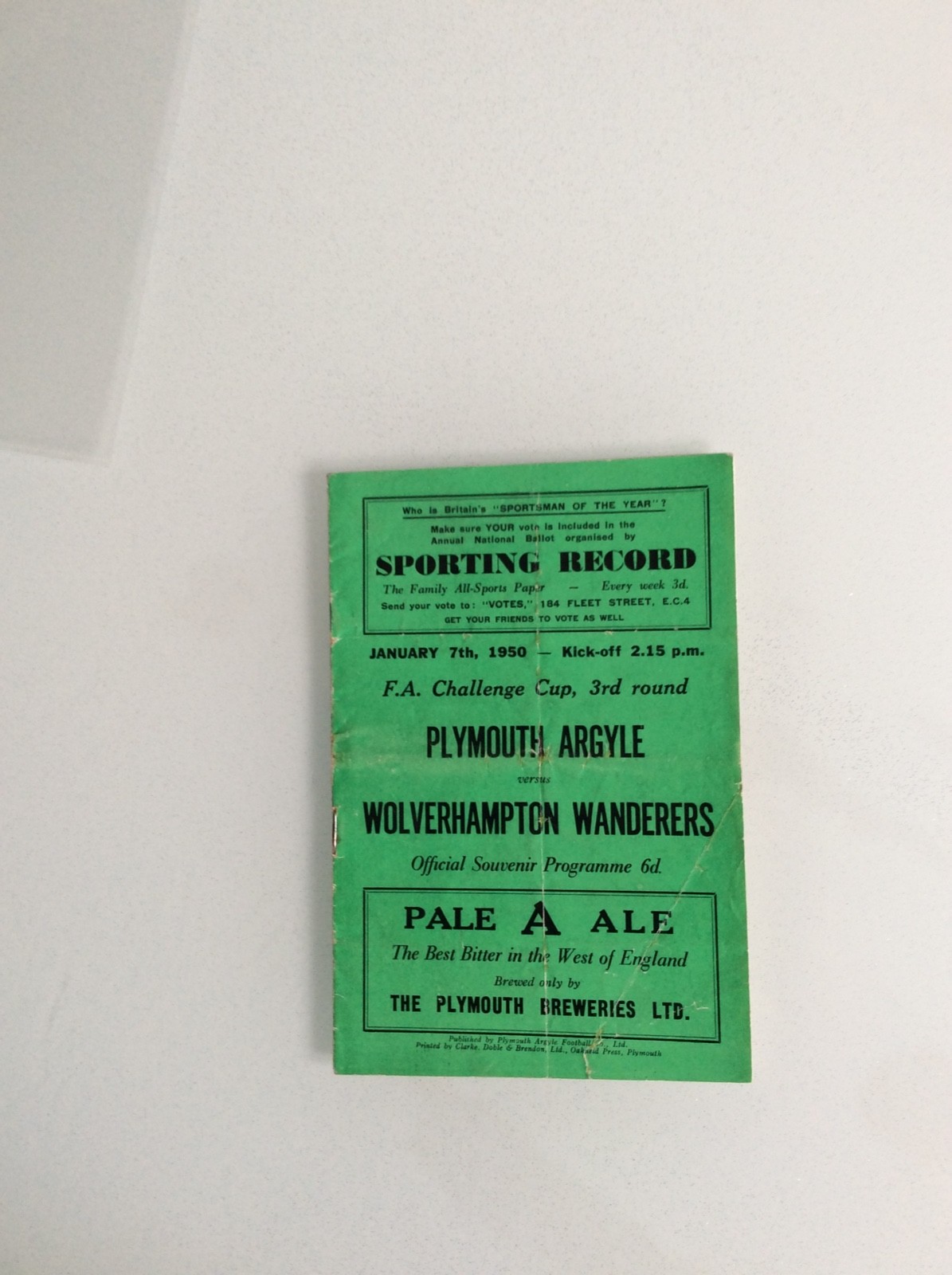 PLYMOUTH ARGYLE V WOLVERHAMPTON WANDERERS 07.01.1950 FA CUP GAME for sale on Ebay