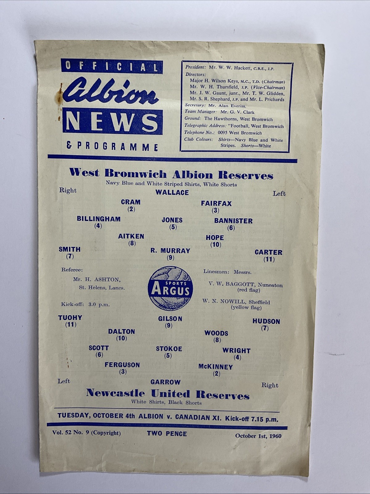 West Bromwich Albion v Newcastle United; Reserve Match, 1st October 1960 for sale on Ebay