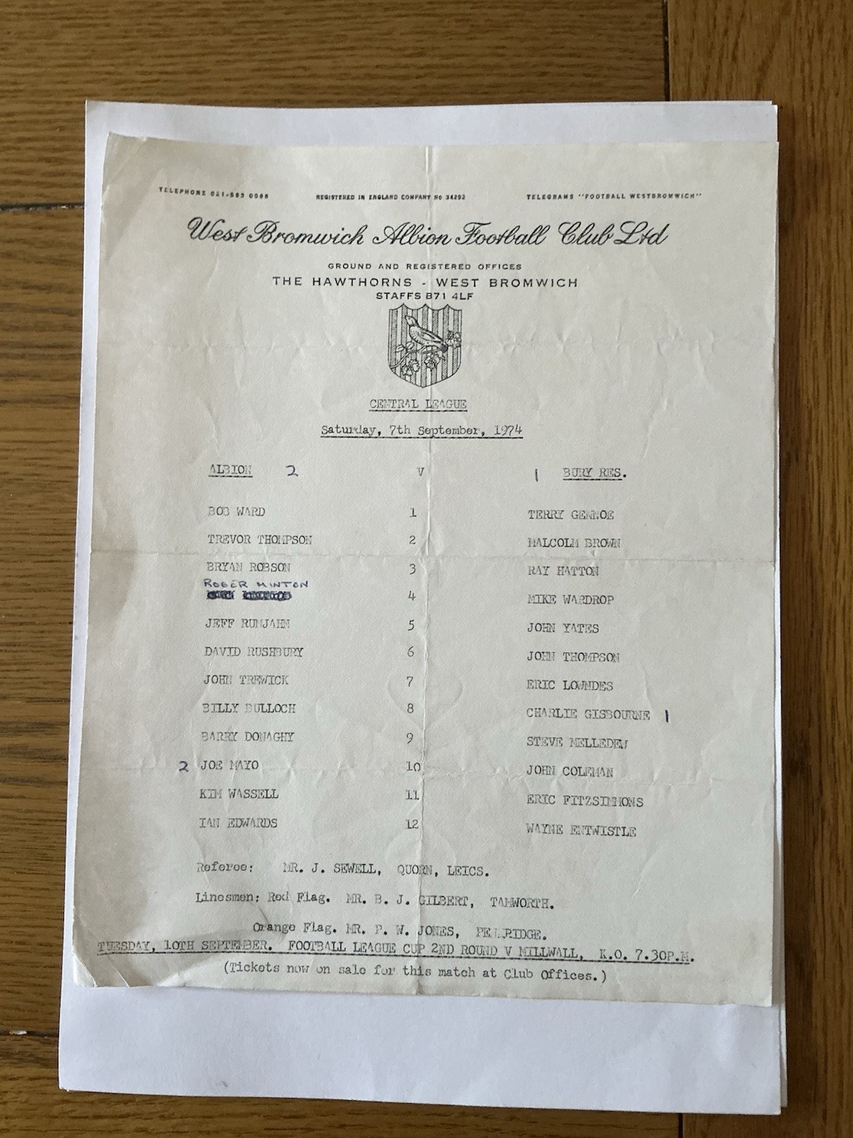 WEST BROMWICH ALBION Res v BURY Res  1974/5 for sale on Ebay
