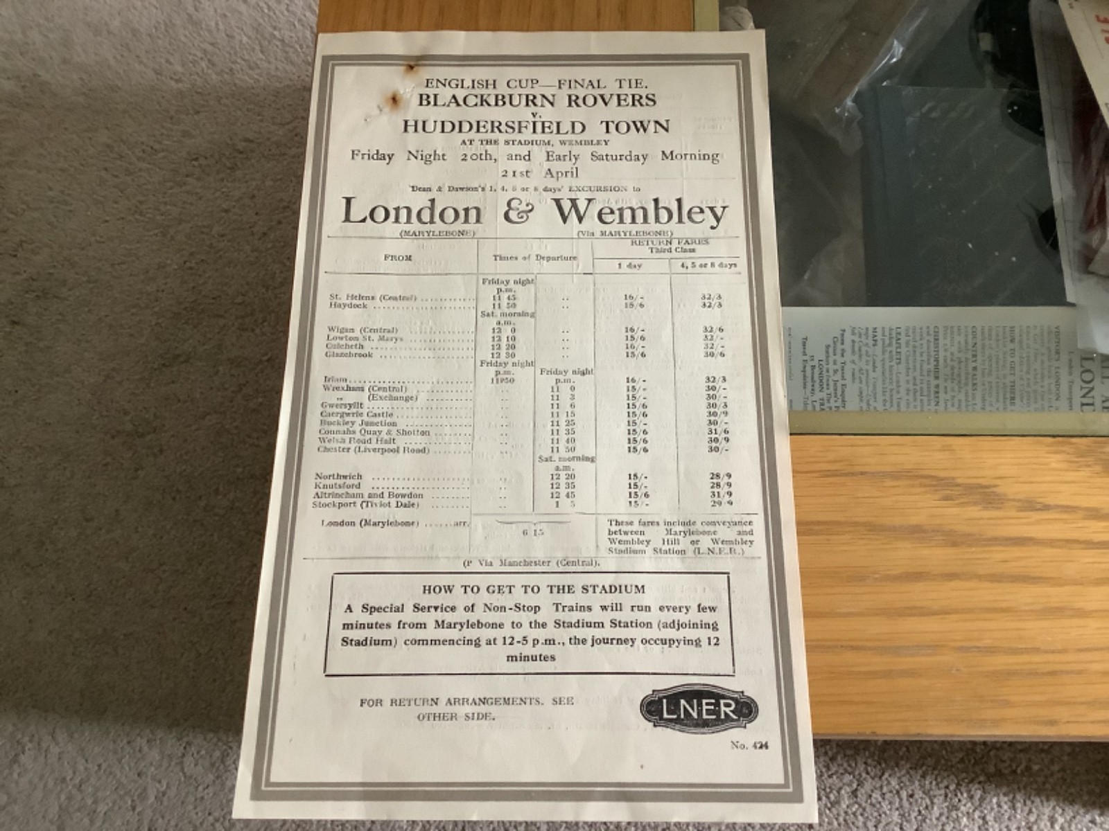 Rail Handbill. FA Cup Final 1928 Blackburn Rovers v Huddersfield Town x Wrexham for sale on Ebay