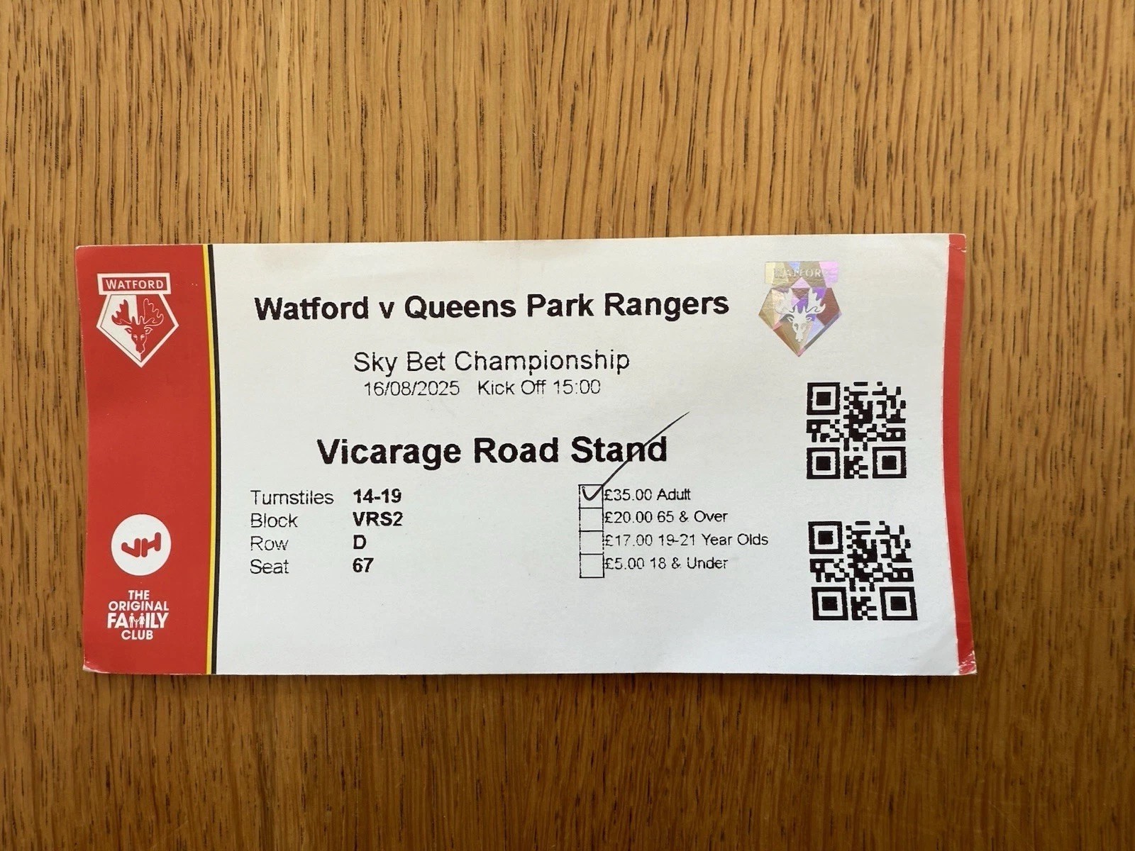 WATFORD V QPR MATCH TICKET 2025/26 SEASON  for sale on Ebay