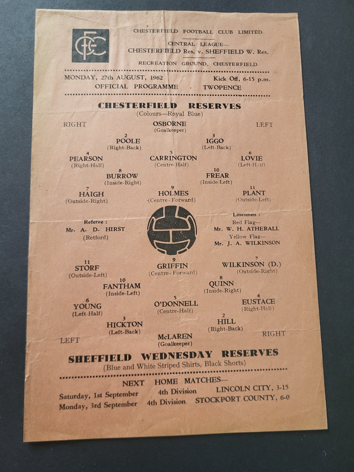 Chesterfield Reserves v Sheffield Wednesday Reserves Central League 1962/63~F/P for sale on Ebay