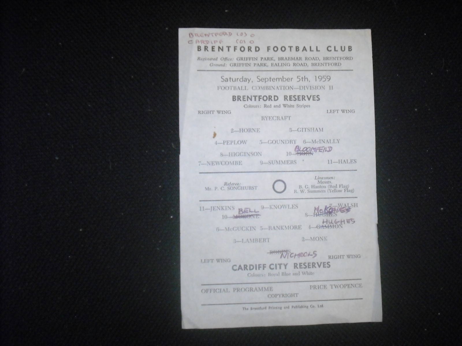 BRENTFORD  V  CARDIFF CITY  (FC DIV 2)  5-9-59  SINGLE SHEET for sale on Ebay