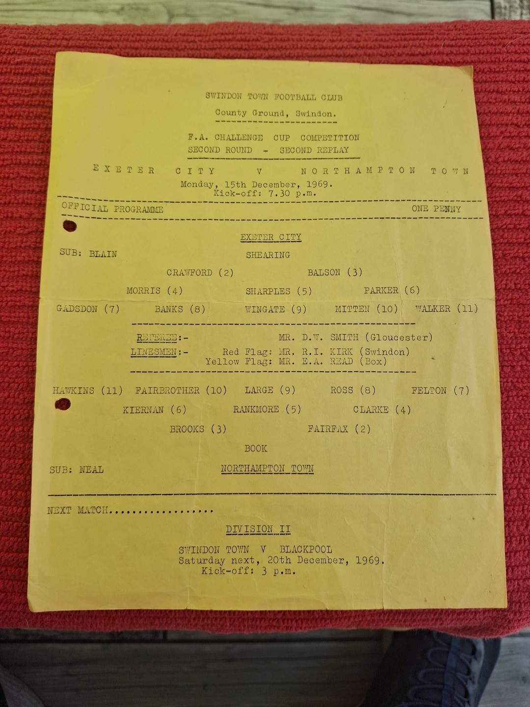 Exeter City v Northampton Town programme.  15/12/69  FA Cup 2nd Replay @ Swindon for sale on Ebay