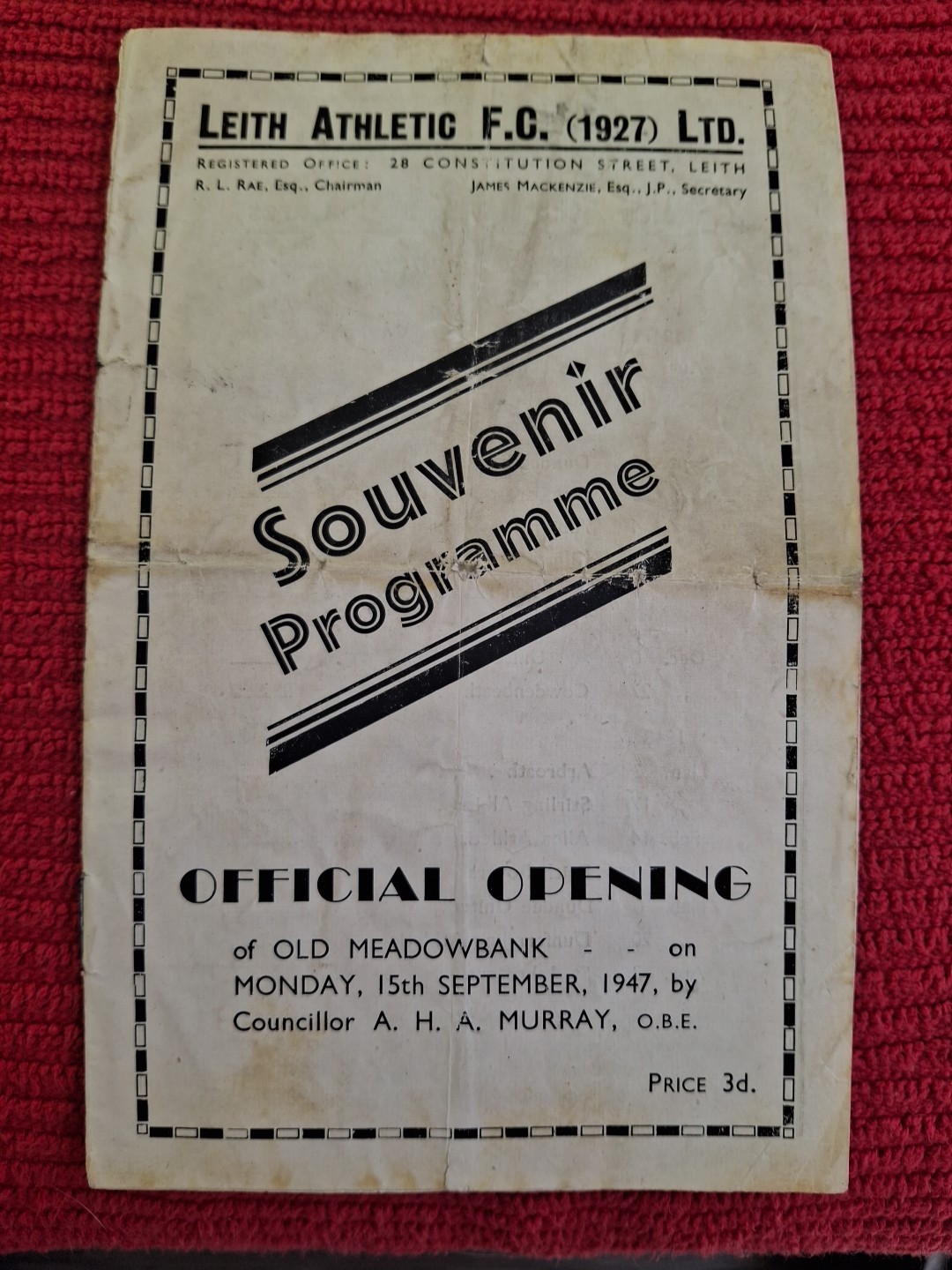 Leith Athletic v Rangers friendly programme.  15/9/1947 for sale on Ebay
