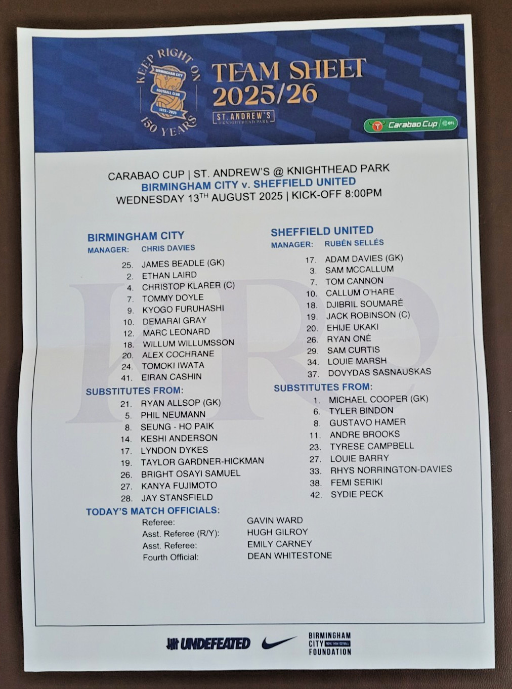 13.8.2025 BIRMINGHAM CITY v SHEFFIELD UNITED, Carbao Cup, Official Teamsheet! for sale on Ebay