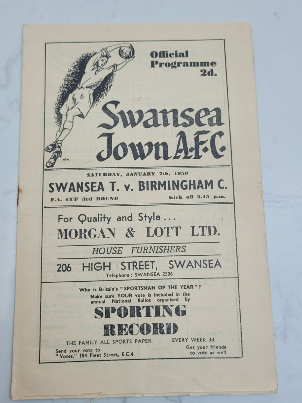 Swansea Town V Birmingham City 7.1. 1950 - FA Cup 3rd Round for sale on Ebay