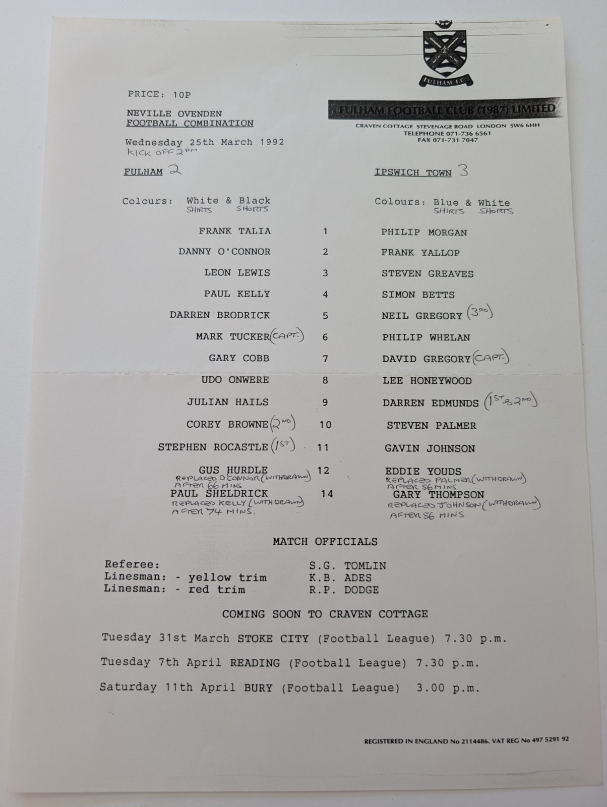 Reserves Teamsheet Fulham v Ipswich 25 March 1992 for sale on Ebay