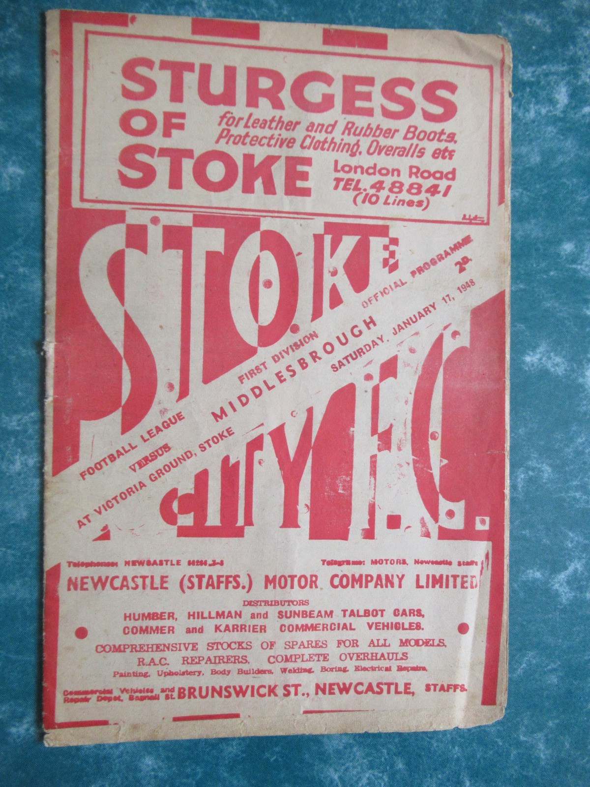 Stoke City v Middlesbrough 17th Jan 1948 Division 1 for sale on Ebay